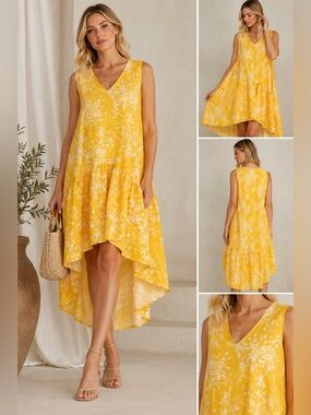 Borgo De Nor Yellow Wild Bloom Floral Midi Dress Size 10 Luxury Designer